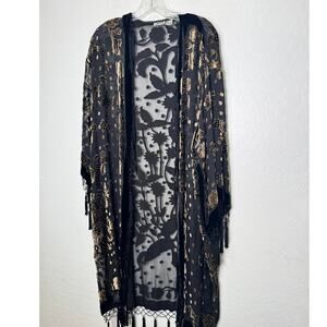 Chicco's Vintage Silkblend Black Beaded Floral Fringe Cardigan Kimono Size M/L